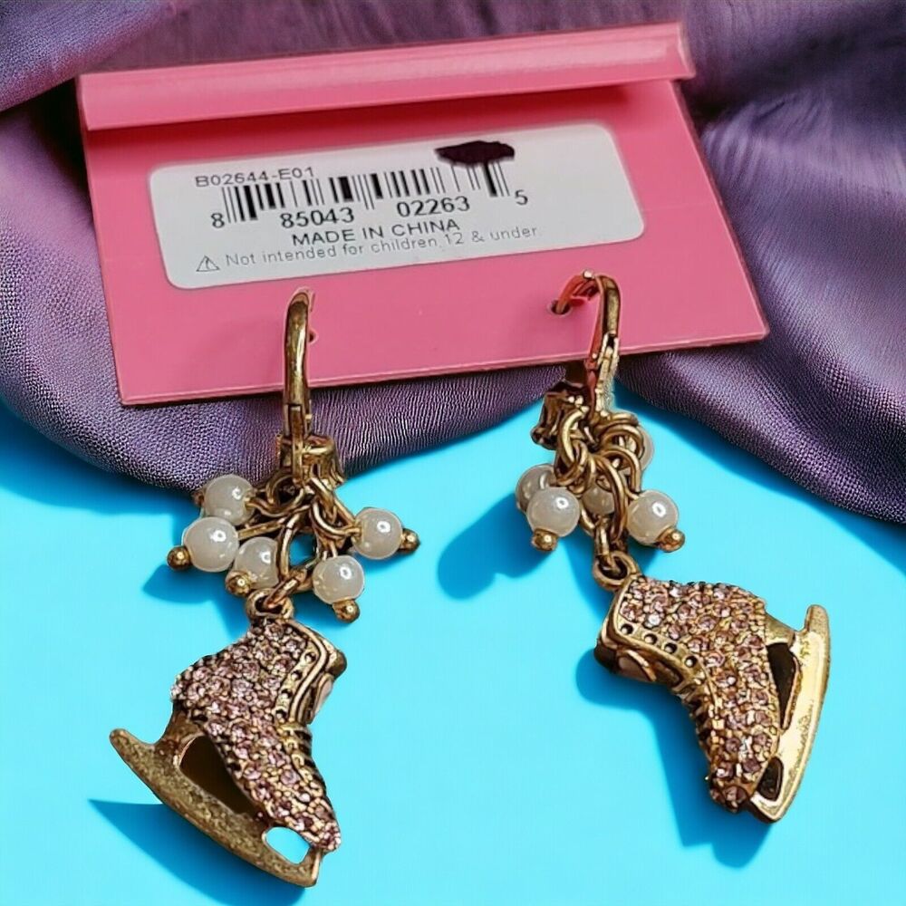NEW Betsey Johnson Vintage Winter Glam Pink Crystal Ice Skates Holiday Earrings - Picture 6 of 9